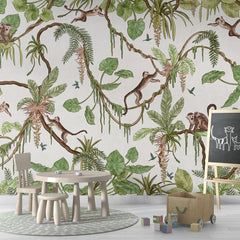 Playful Monkeys – White wallpaper mural in a chalkboard