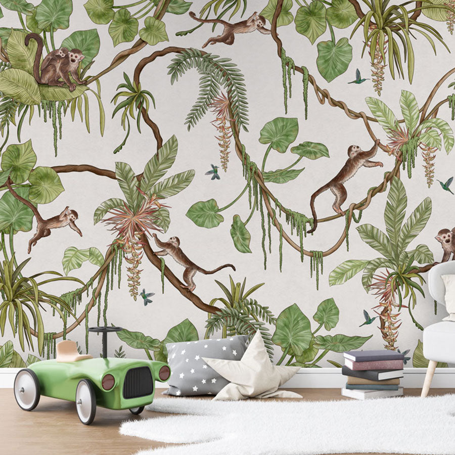 Playful Monkeys – White wallpaper mural in a toy car