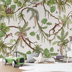 Playful Monkeys – White wallpaper mural in a toy car