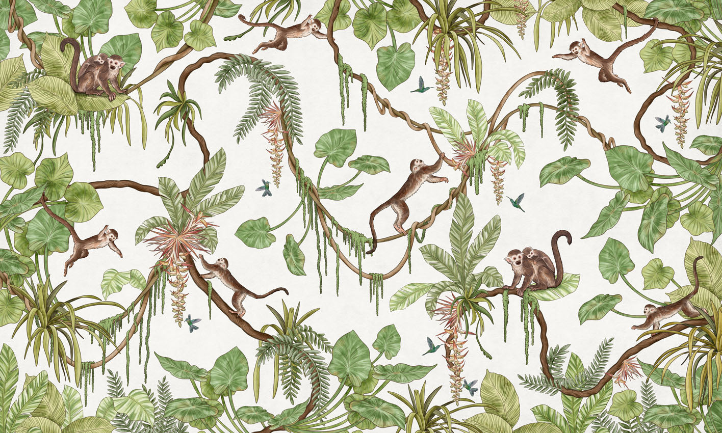 Playful Monkeys – White wallpaper mural by Kikki Belle