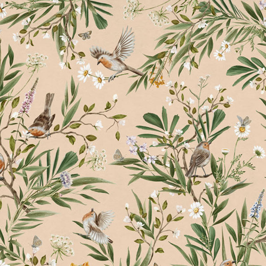 Close-up of the Playful Robins – Beige wallpaper mural