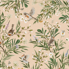 Close-up of the Playful Robins – Beige wallpaper mural