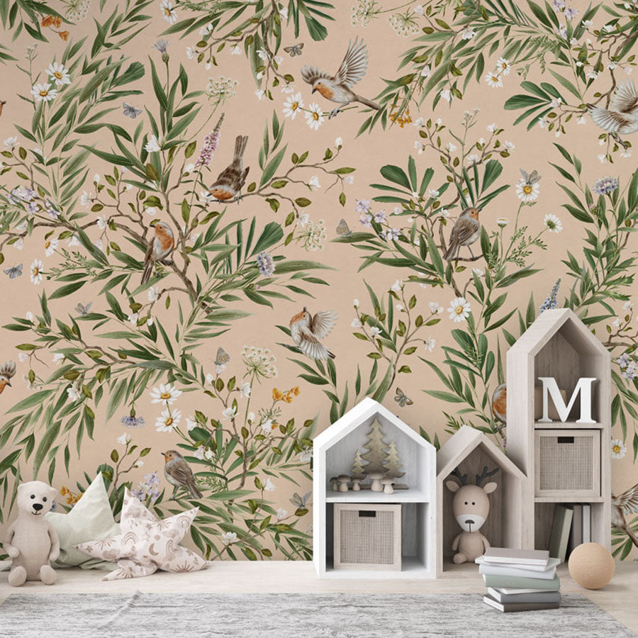 Playful Robins – Beige wallpaper mural in a house shaped storage