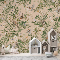 Playful Robins – Beige wallpaper mural in a house shaped storage