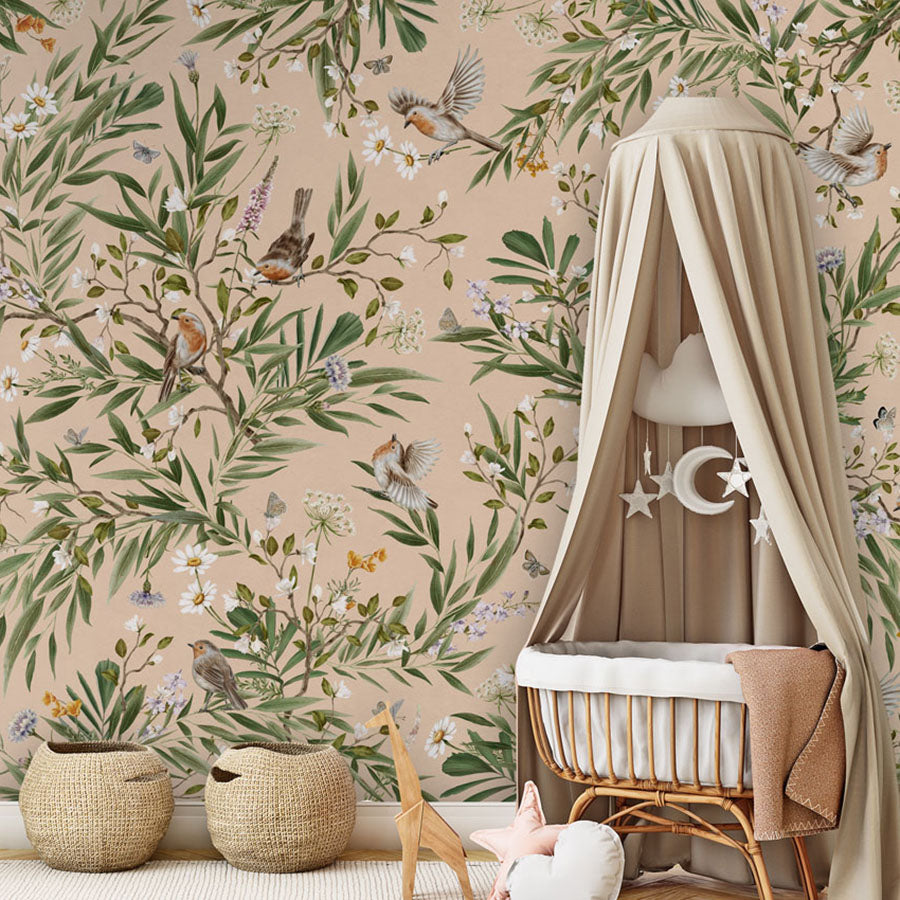 Playful Robins – Beige wallpaper mural in a nursery rattan cot canopy