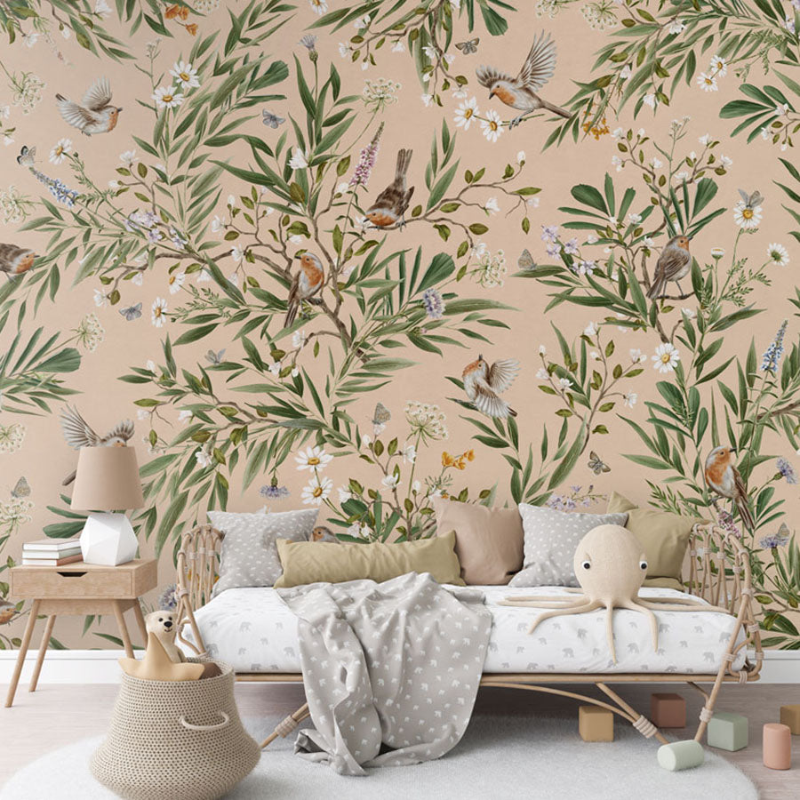 Playful Robins – Beige wallpaper mural in a rattan daybed