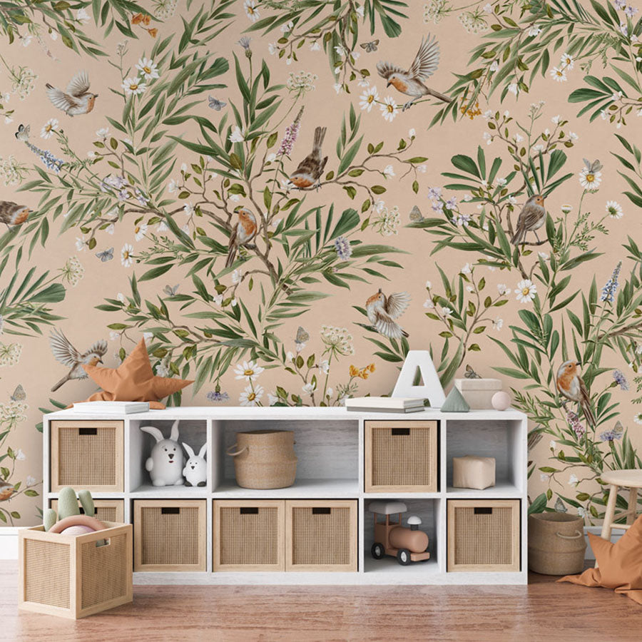 Playful Robins – Beige wallpaper mural in a toy storage
