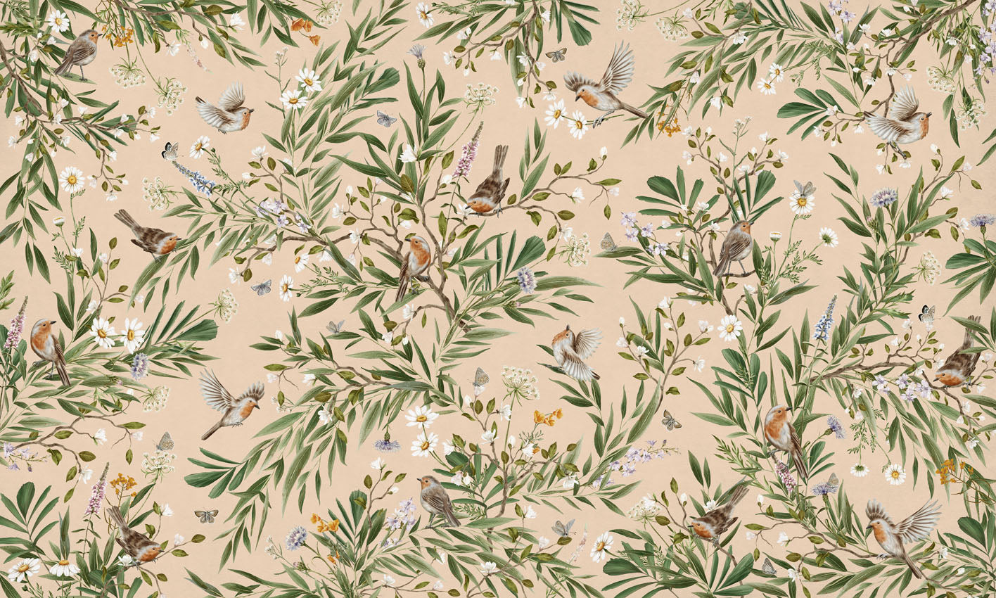 Playful Robins – Beige wallpaper mural by Kikki Belle
