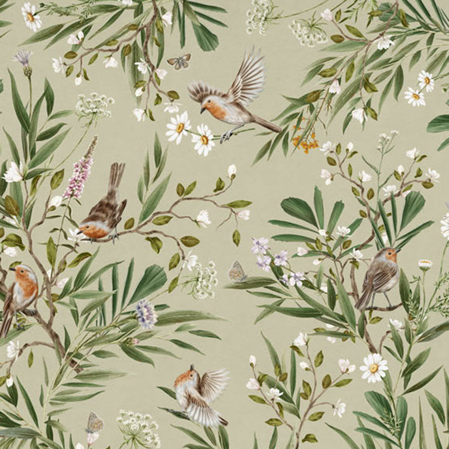 Close-up of the Playful Robins – Green wallpaper mural
