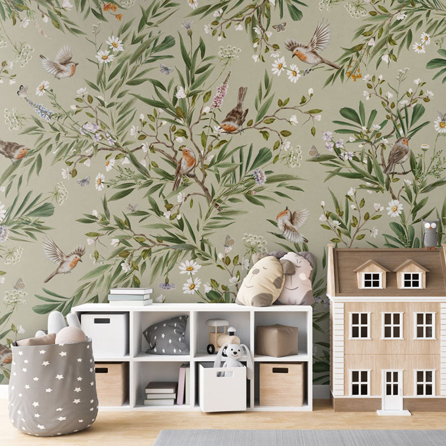 Playful Robins – Green wallpaper mural in a dolls house