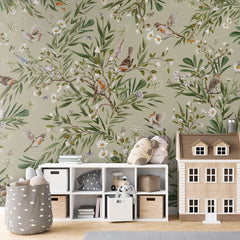 Playful Robins – Green wallpaper mural in a dolls house