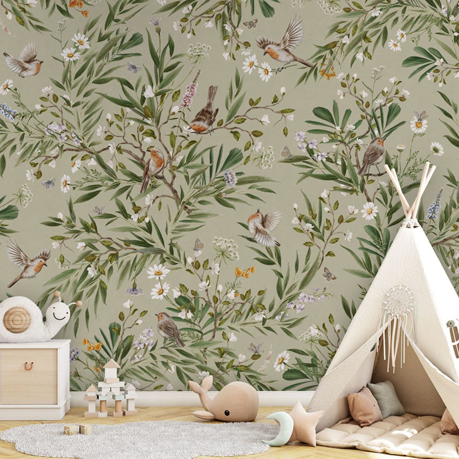 Playful Robins – Green wallpaper mural in a teepee