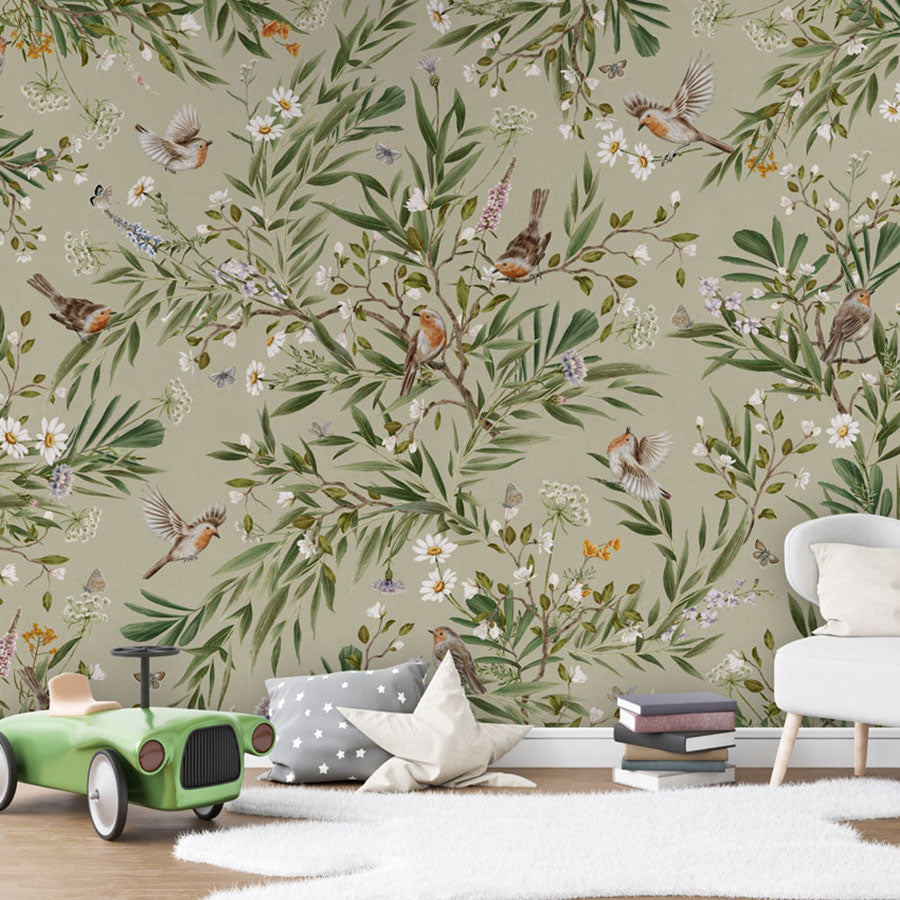 Playful Robins – Green wallpaper mural in a toy car