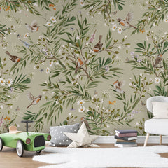 Playful Robins – Green wallpaper mural in a toy car