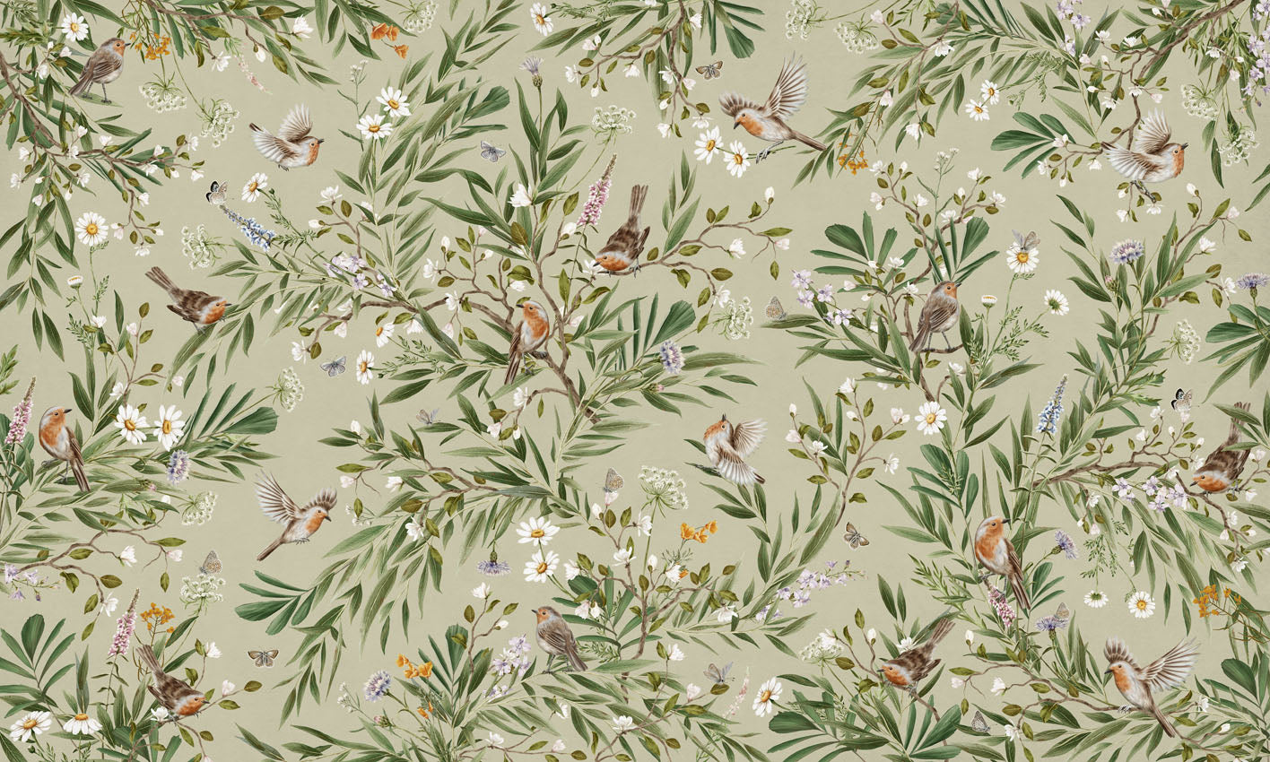 Playful Robins – Green wallpaper mural by Kikki Belle