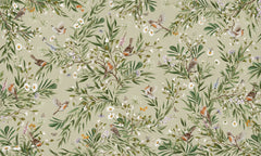 Playful Robins – Green wallpaper mural by Kikki Belle