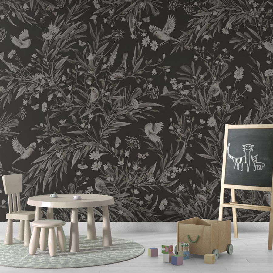 Playful Robins – Monochrome Black wallpaper mural in a chalkboard