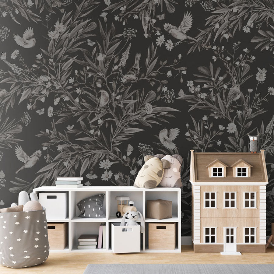 Playful Robins – Monochrome Black wallpaper mural in a dolls house