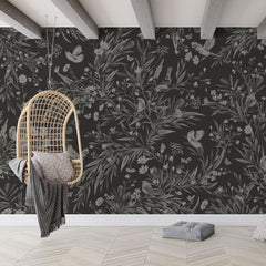 Playful Robins – Monochrome Black wallpaper mural in a hanging chair floor cushions