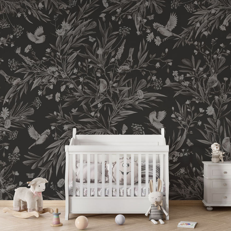 Playful Robins – Monochrome Black wallpaper mural in a nursery crib