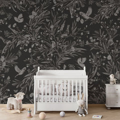 Playful Robins – Monochrome Black wallpaper mural in a nursery crib
