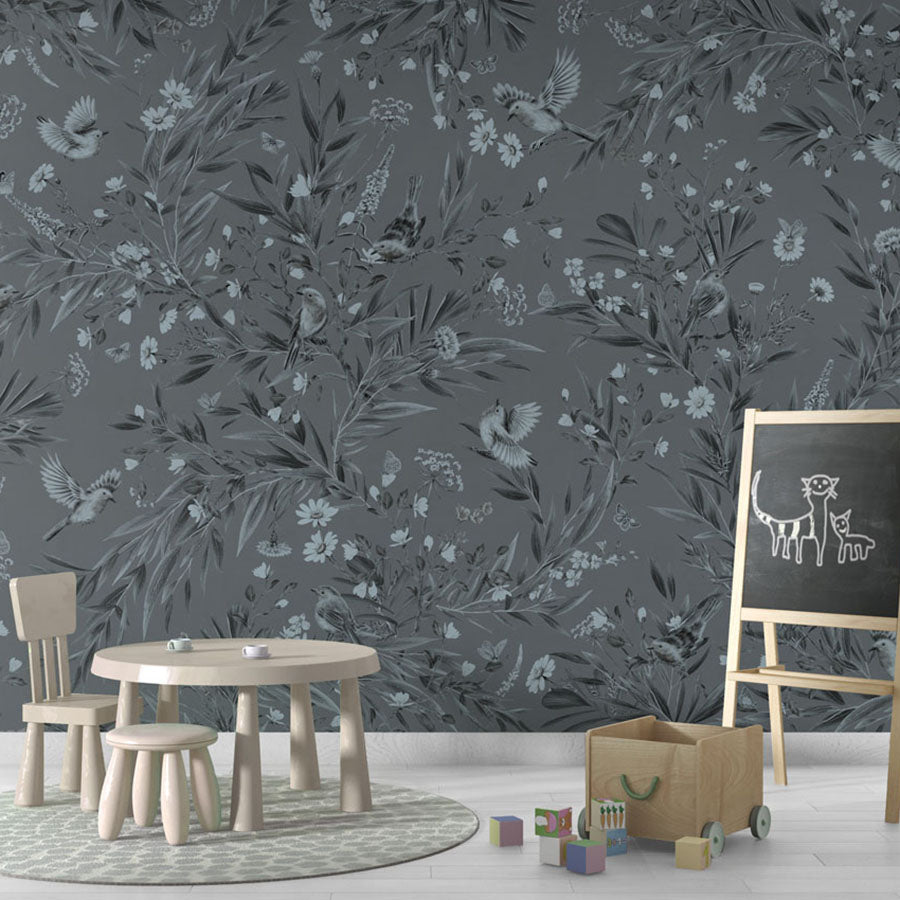 Playful Robins – Monochrome Blue wallpaper mural in a chalkboard