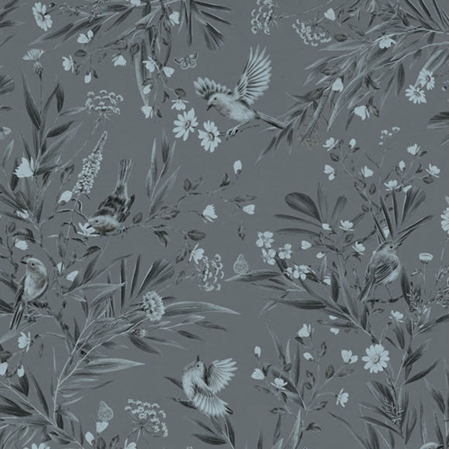Close-up of the Playful Robins – Monochrome Blue wallpaper mural