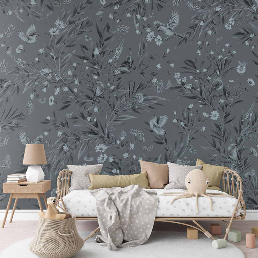 Playful Robins – Monochrome Blue wallpaper mural in a rattan daybed