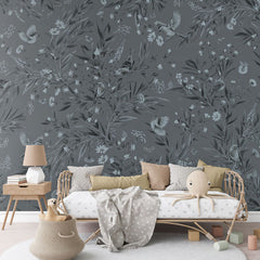 Playful Robins – Monochrome Blue wallpaper mural in a rattan daybed