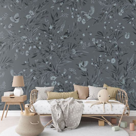 Playful Robins – Monochrome Blue wallpaper mural in a rattan daybed