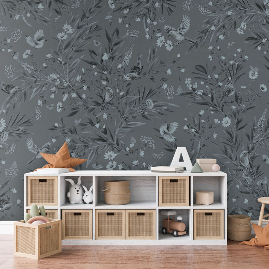 Playful Robins – Monochrome Blue wallpaper mural in a toy storage
