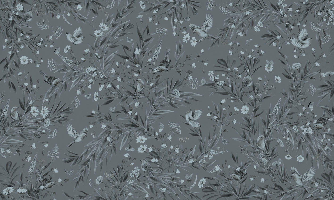 Playful Robins – Monochrome Blue wallpaper mural by Kikki Belle
