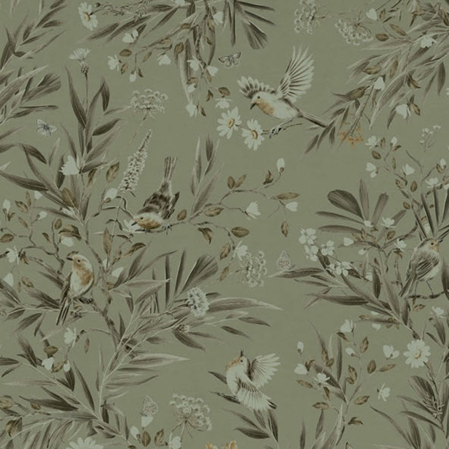 Close-up of the Playful Robins – Monochrome Green wallpaper mural