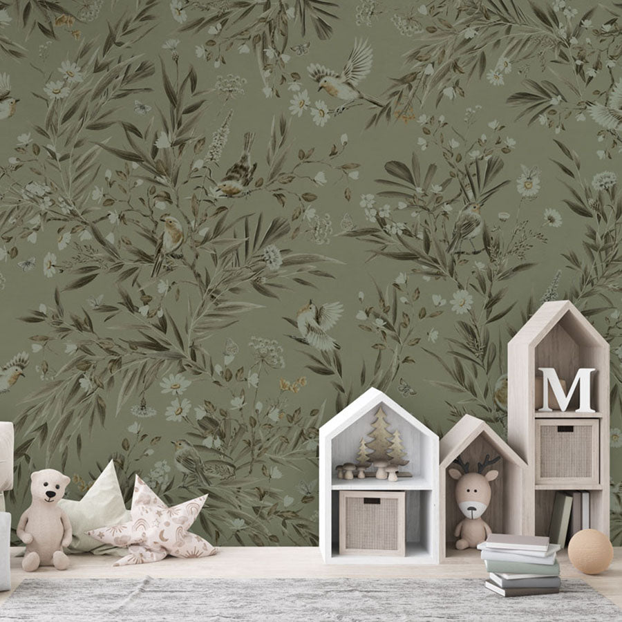 Playful Robins – Monochrome Green wallpaper mural in a house shaped storage