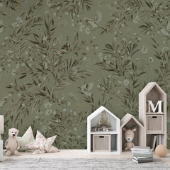 Playful Robins – Monochrome Green wallpaper mural in a house shaped storage