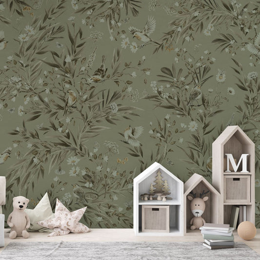 Playful Robins – Monochrome Green wallpaper mural in a house shaped storage