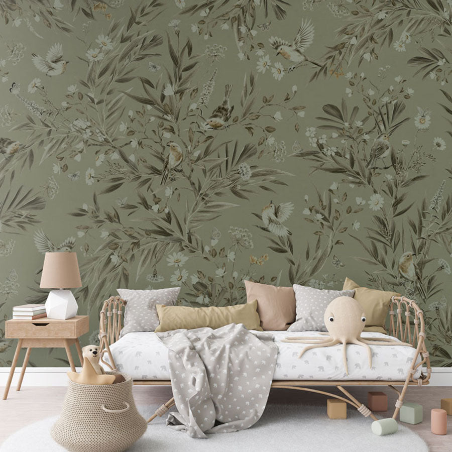 Playful Robins – Monochrome Green wallpaper mural in a rattan daybed
