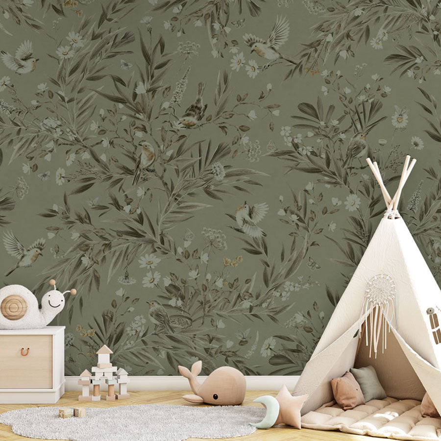 Playful Robins – Monochrome Green wallpaper mural in a teepee