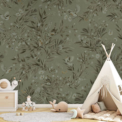 Playful Robins – Monochrome Green wallpaper mural in a teepee
