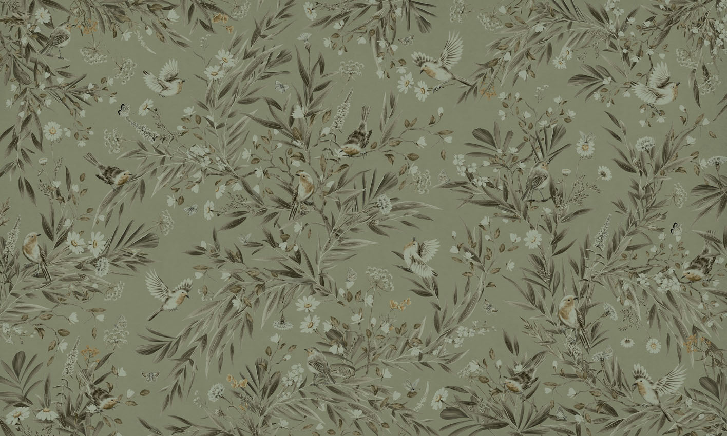 Playful Robins – Monochrome Green wallpaper mural by Kikki Belle