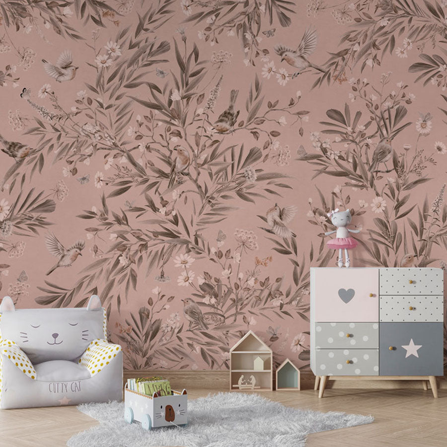 Playful Robins – Monochrome Pink wallpaper mural in a armchair storage