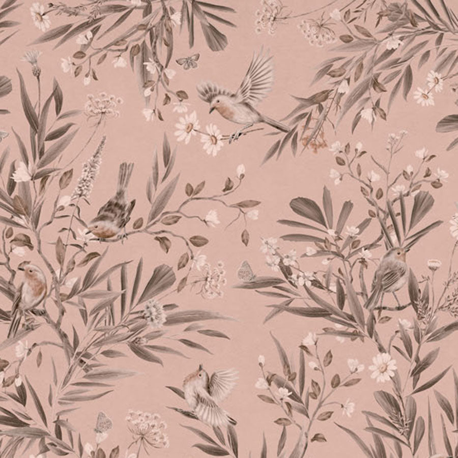 Close-up of the Playful Robins – Monochrome Pink wallpaper mural