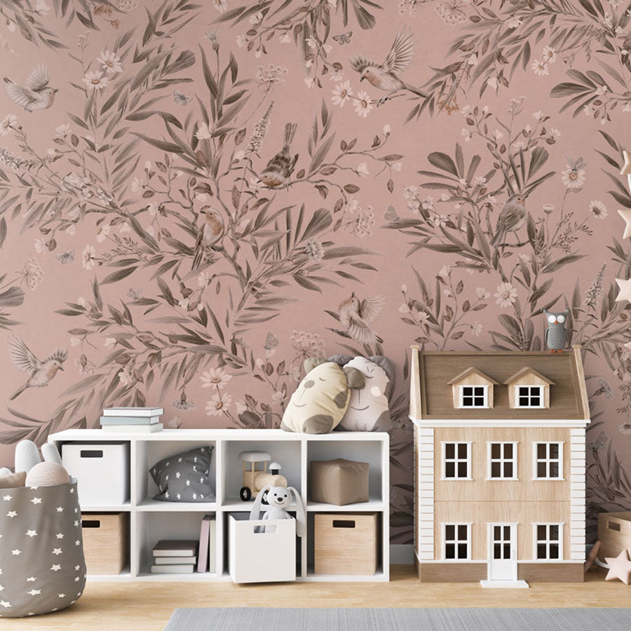 Playful Robins – Monochrome Pink wallpaper mural in a dolls house