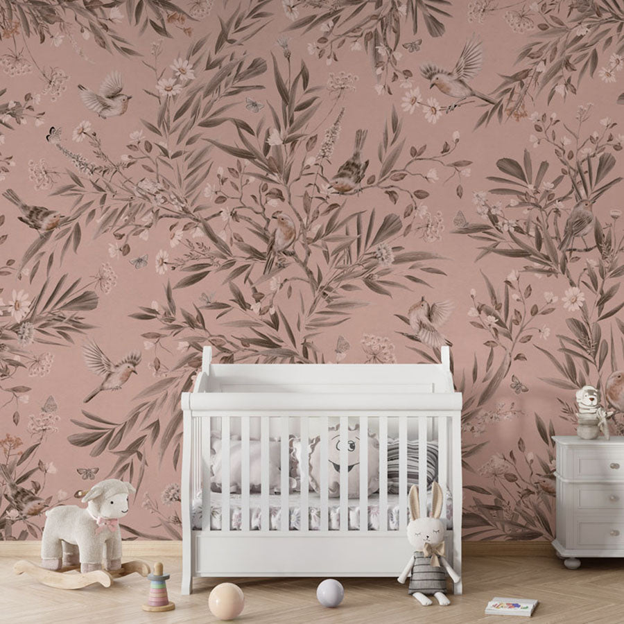 Playful Robins – Monochrome Pink wallpaper mural in a nursery crib