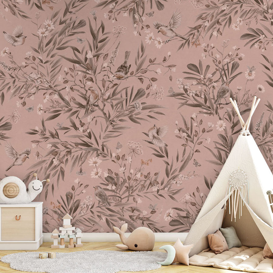Playful Robins – Monochrome Pink wallpaper mural in a teepee