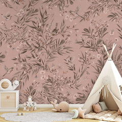 Playful Robins – Monochrome Pink wallpaper mural in a teepee