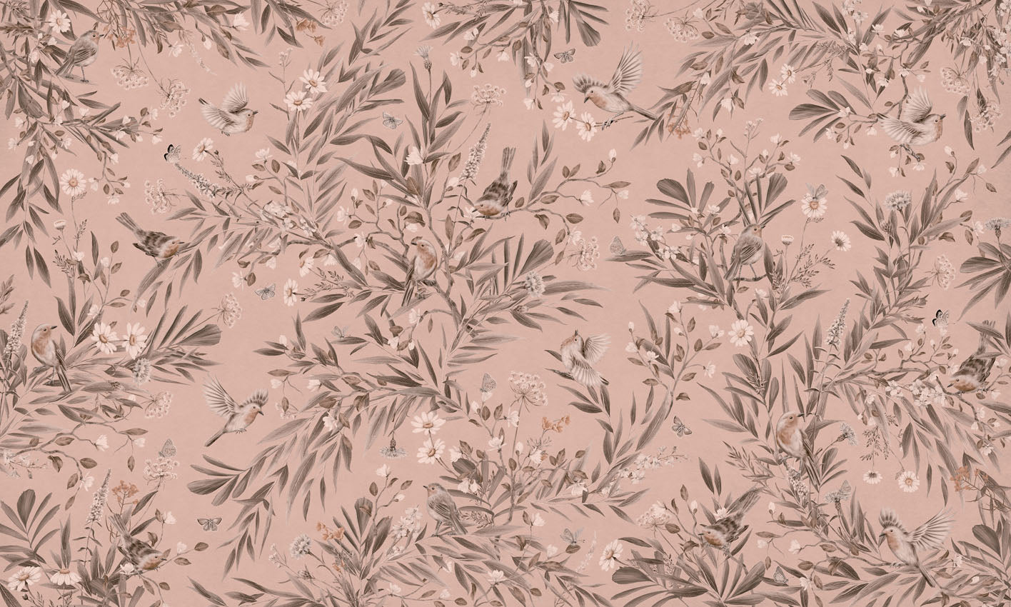 Playful Robins – Monochrome Pink wallpaper mural by Kikki Belle
