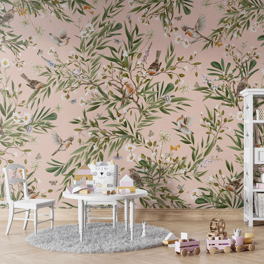 Playful Robins – Pink wallpaper mural in a children’s playroom