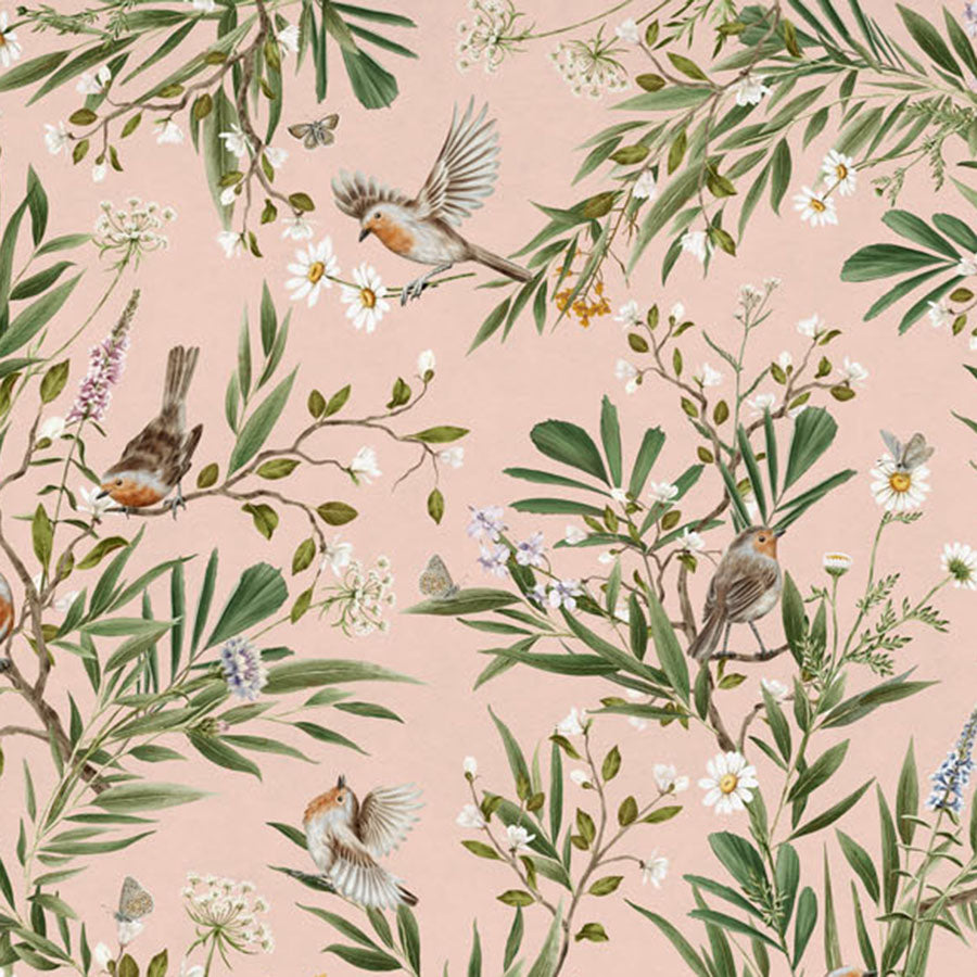 Close-up of the Playful Robins – Pink wallpaper mural