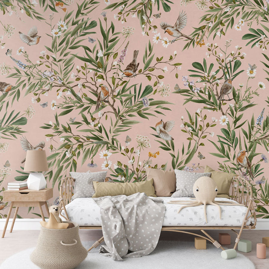 Playful Robins – Pink wallpaper mural in a rattan daybed